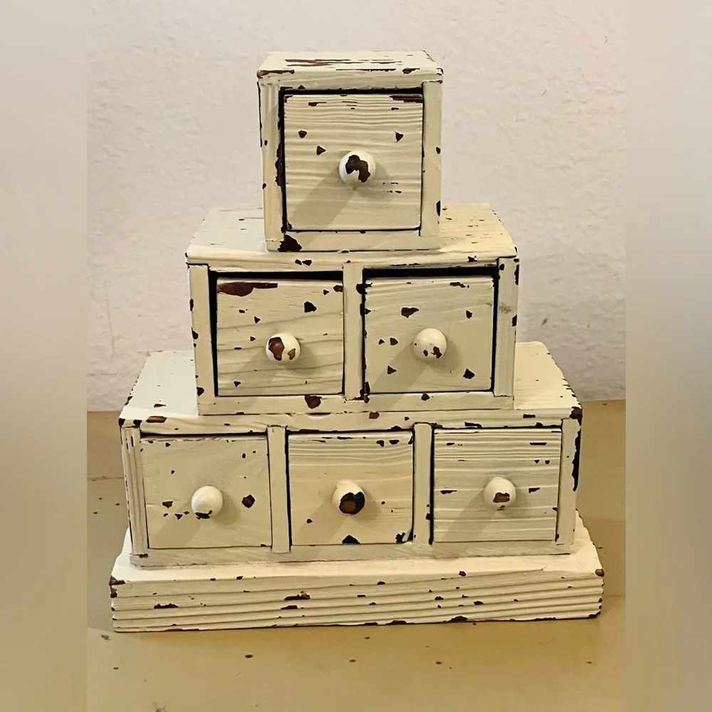 Rustic Chippy Cream Paint Folk Art Wood Distressed Storage Stacked Cube Box - Picture 2 of 13